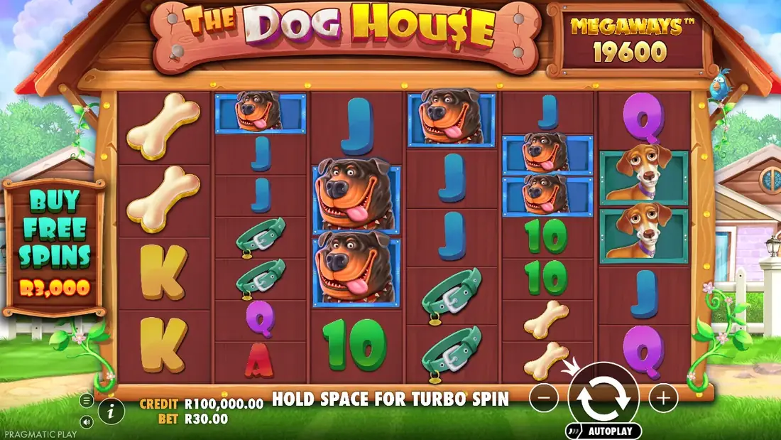 The Dog House Megaways base game grid in demo mode